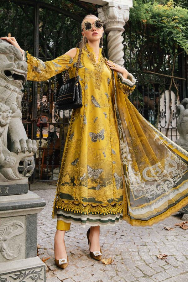 MPrints Lawn by Maria - 8B 3 Piece Unstitched Printed Cambric Suit | MPT-2308-B Fabric: Cambric Color: Mustard Note: Dry Clean Only