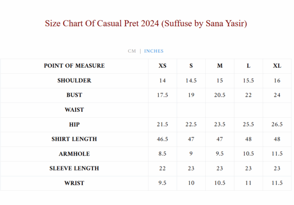 AFSANEH - Suffuse Casual PRET shirt size chart