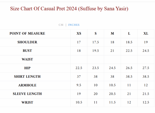 MEENAH- Suffuse Casual PRET size chart Semi Formal Pret / Ready to WEAR