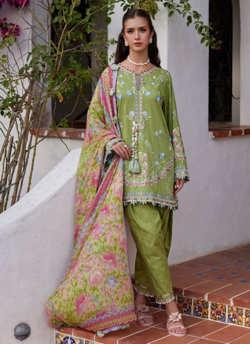 Valeria Olive - Farah Talib Aziz Embroidered Luxury Lawn Unstitched 3Pc Suit •SKU: FTA26-09 Color: Kiwi Fabric: Lawn An ode to garden serenity, wrapped in refined craftsmanship. Set on a rich olive green base, this unstitched ensemble features delicate floral embroidery in soft blues, blush pinks, and subtle ivory tones. The finely composed neckline and borders are elevated with intricate threadwork and handcrafted tassel accents, adding texture and movement. The printed dupatta introduces a dreamy wash of florals in refreshing pastel hues, creating a soft contrast against the earthy base. Paired with coordinated trousers featuring delicate border detailing, the look feels balanced, graceful, and effortlessly summer-ready.