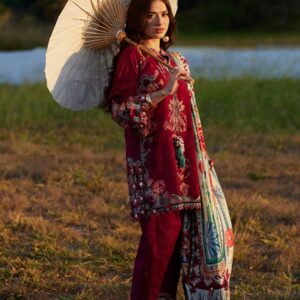 Sofia Scarlet - Farah Talib Aziz Embroidered Luxury Lawn Unstitched 3Pc Suit SKU: FTA26-02 Color: Deep Maroon Fabric: Lawn A rich blend of tradition and artful geometry this unstitched lawn ensemble is designed to stand out.The deep maroon lawn shirt is elevated with thick appliqué-inspired embroidery that creates a beautifully structured, almost hand-crafted effect. Intricate threadwork in contrasting tones runs across the neckline, sleeves, and hem, giving it a subtle art deco influence with strong, defined detailing.The look is completed with a high contrast printed dupatta featuring bold borders and striking motifs on a contrasting base adding movement, drama, and a refined statement finish. The detailed border frames the outfit perfectly, making it ideal for both day gatherings and festive evenings.