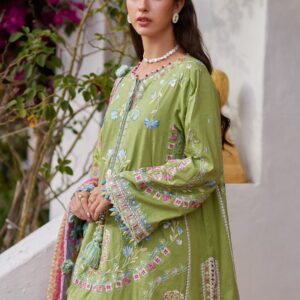 Valeria Olive - Farah Talib Aziz Embroidered Luxury Lawn Unstitched 3Pc Suit •SKU: FTA26-09 Color: Kiwi Fabric: Lawn An ode to garden serenity, wrapped in refined craftsmanship. Set on a rich olive green base, this unstitched ensemble features delicate floral embroidery in soft blues, blush pinks, and subtle ivory tones. The finely composed neckline and borders are elevated with intricate threadwork and handcrafted tassel accents, adding texture and movement. The printed dupatta introduces a dreamy wash of florals in refreshing pastel hues, creating a soft contrast against the earthy base. Paired with coordinated trousers featuring delicate border detailing, the look feels balanced, graceful, and effortlessly summer-ready.