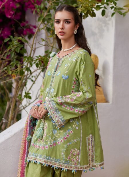 Valeria Olive - Farah Talib Aziz Embroidered Luxury Lawn Unstitched 3Pc Suit •SKU: FTA26-09 Color: Kiwi Fabric: Lawn An ode to garden serenity, wrapped in refined craftsmanship. Set on a rich olive green base, this unstitched ensemble features delicate floral embroidery in soft blues, blush pinks, and subtle ivory tones. The finely composed neckline and borders are elevated with intricate threadwork and handcrafted tassel accents, adding texture and movement. The printed dupatta introduces a dreamy wash of florals in refreshing pastel hues, creating a soft contrast against the earthy base. Paired with coordinated trousers featuring delicate border detailing, the look feels balanced, graceful, and effortlessly summer-ready.